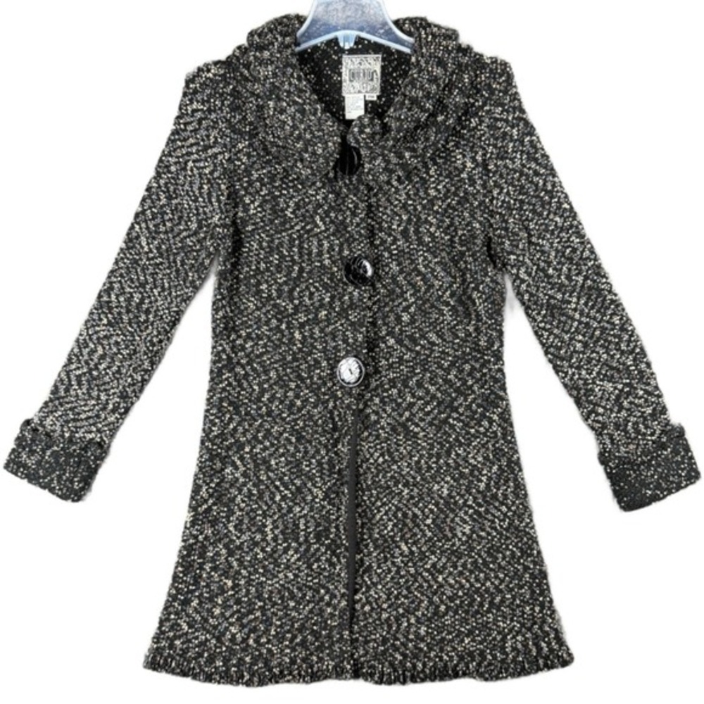 Curio Women's PM Black Grey Speckled Knit Button Front Cardigan Portrait Collar